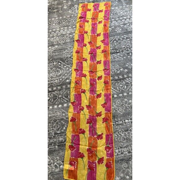 Elaine Gold Silk Scarf Colorful Floral Collection XIIX ltd 10.5" x 50" Oblong - Picture 1 of 7